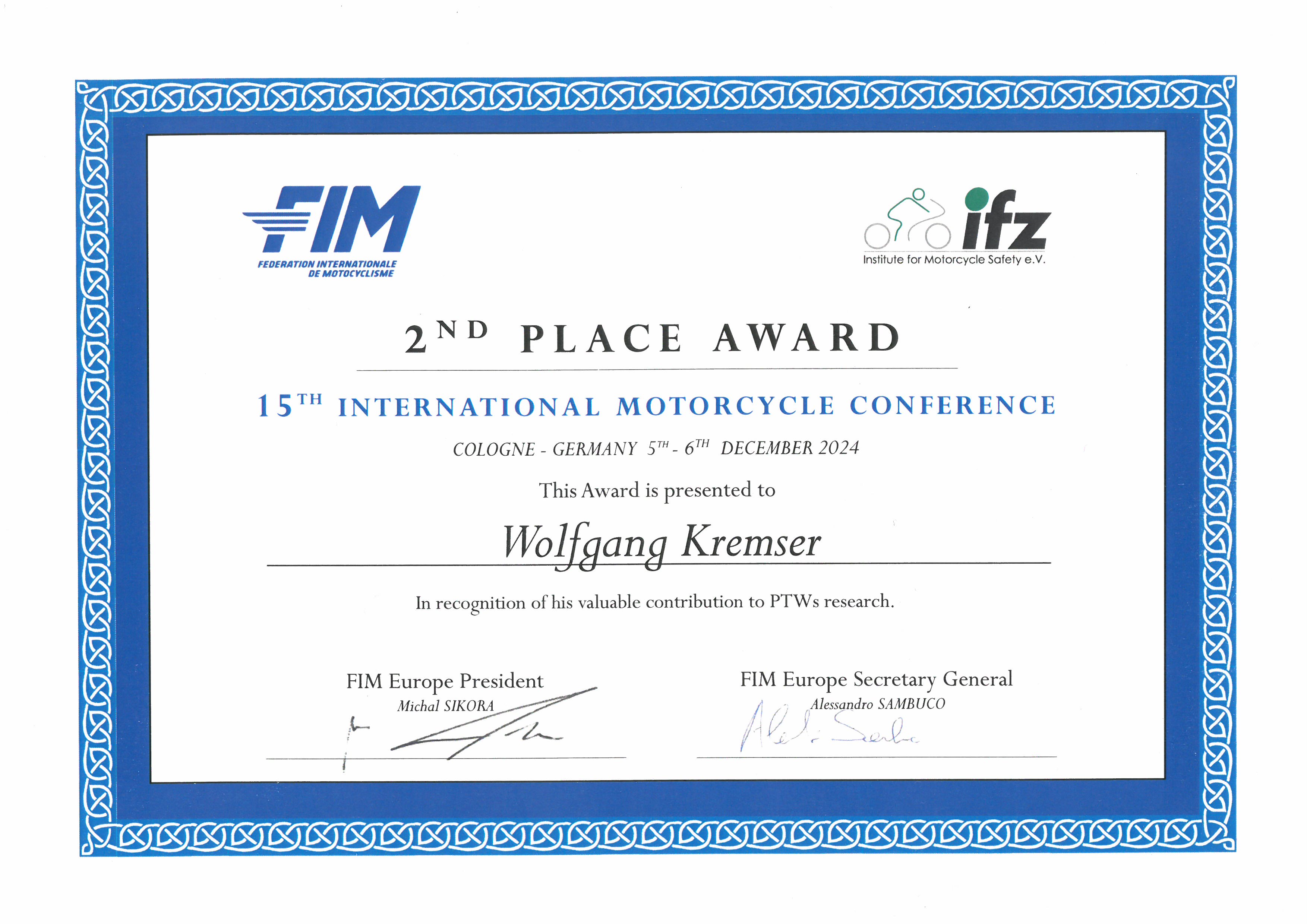 2nd Place Award - 15th Int Motercycle Conference